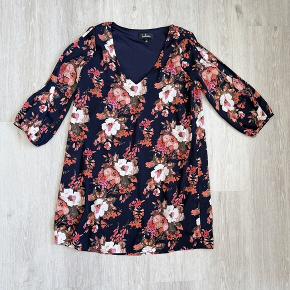Lulus Dress V-Neck Cold Shoulder Shifting Dears Navy Blue Floral 3/4 Sleeve S - Picture 3 of 12